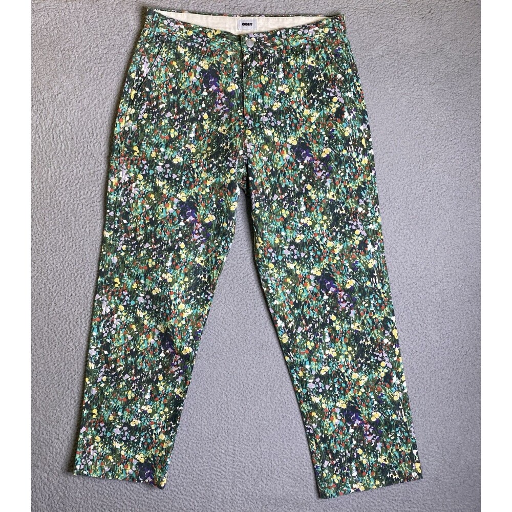 Obey Pants Mens 32x29 (34W) Carpenter Cargo Green Floral Twill Y2K Baggy NWOT